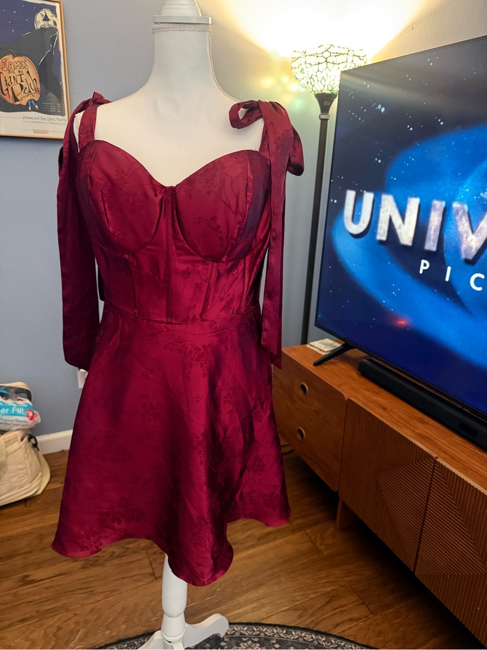 B Darlin Burgundy Satin Tie-Shoulder Fit & Flare Midi Dress